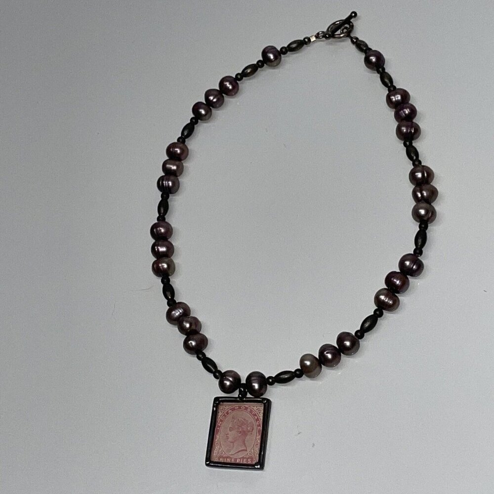 Black Pearl Necklace Cultured Freshwater Sterling‎ Pendant India Postage VTG 925